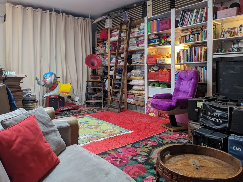 The large 27 m² bedroom: bookcase, floral rug and purple armchair